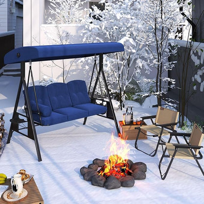 AECOJOY Outdoor Porch Swing, 3-Seat Porch Swing with Adjustable Canopy, Outdoor Swings for Adult with Dark Blue Removable Cushions for Backyard, Garden, Yard, Poolside, Balcony
