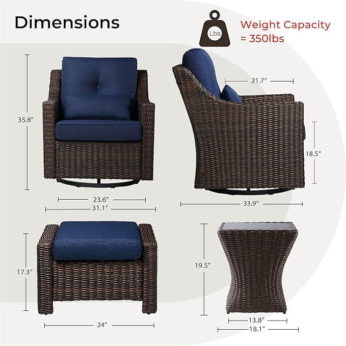 CHITA 5 Pieces Swivel Wicker Patio Furniture Set, Outdoor Conversation Set with 2 Pieces Rattan Rocking Swivel Chairs - Photo 6