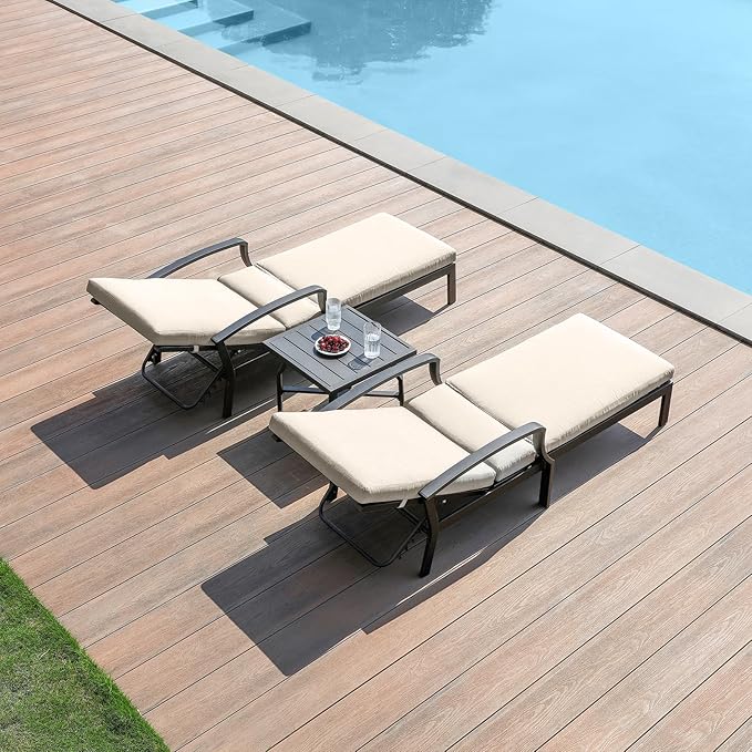 3 Pieces Outdoor Chaise Lounge Set, Aluminum Pool Lounge Chairs with Side Table, Patio Lounge Chairs with Gray Cushions, Outdoor Lounger Pool Furniture Set for Poolside, Beach, Yard, Gunmetal