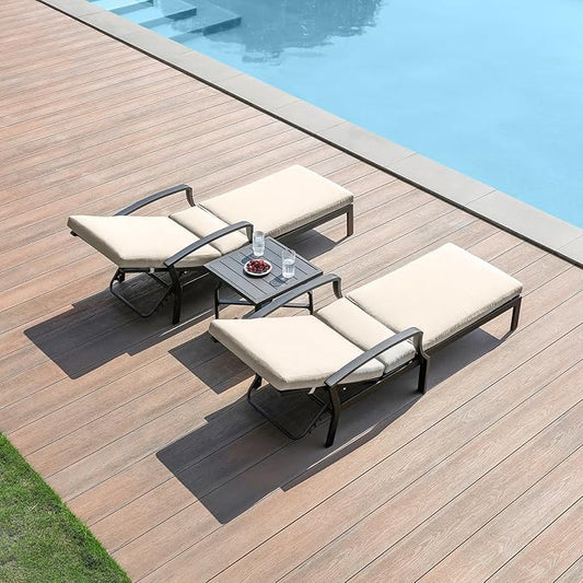 3 Pieces Outdoor Chaise Lounge Set, Aluminum Pool Lounge Chairs with Side Table, Patio Lounge Chairs with Gray Cushions, Outdoor Lounger Pool Furniture Set for Poolside, Beach, Yard, Gunmetal