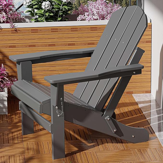 Folding Adirondack Chair, All-Weather Fire Pit Chairs, Oversized All Weather Resistant Outdoor Adirondack Chair for Firepit Area BBQ Beach Deck Garden Lawn Backyard Pool (Antique Gray)