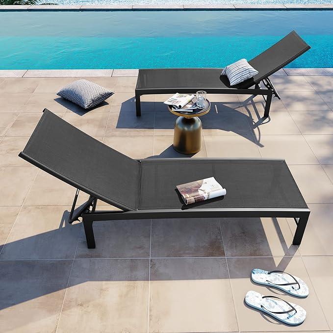 Crestlive Products Lounge Chair Outdoor Set of 2, Aluminum Pool Chaise Lounge Chairs, Adjustable Five-Position Tanning Recliner, All Weather for Patio, Beach, Yard, Pool (Black)