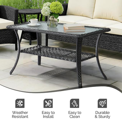 VINGLI Outdoor Coffee Table with Storage Wicker Patio Coffee Table, Tempered Glass Top Coffee Table for Patio Outside Balcony Porch Deck (Black)