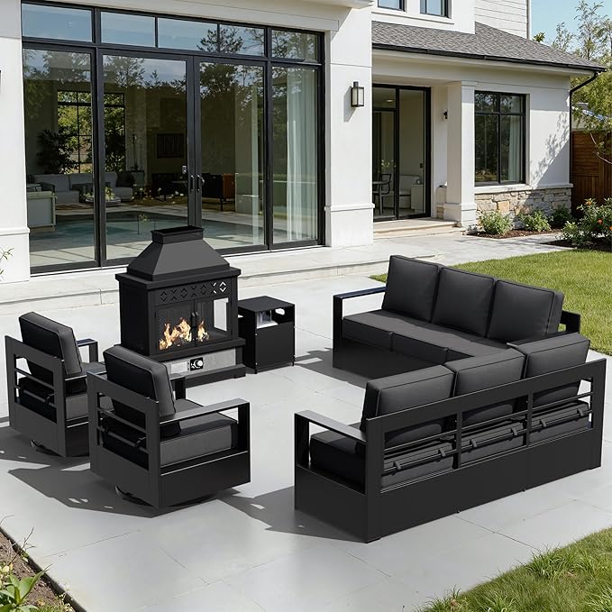 Outdoor Aluminum Furniture Set, 5-Piece Patio Conversation Set, 2 Swivel Chairs, 2 Sofa and 1 Fireplace - Photo 1