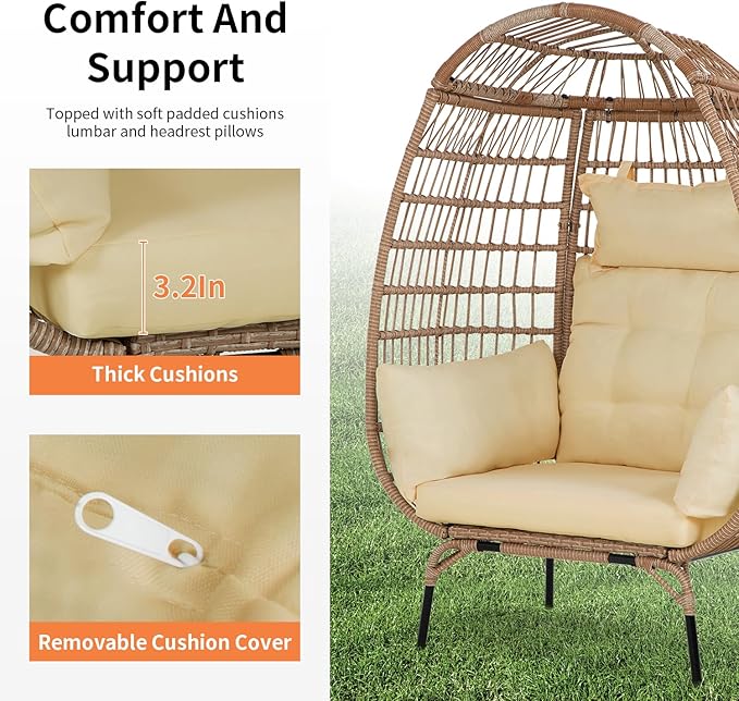Oversized Egg Chair Outdoor Wicker Egg Chair 352lbs Capacity Outdoor Lounge Chair All Weather PE Rattan Patio Chair with Removeable Thick Cushions for Patio Balcony Backyard Garden Indoor, White