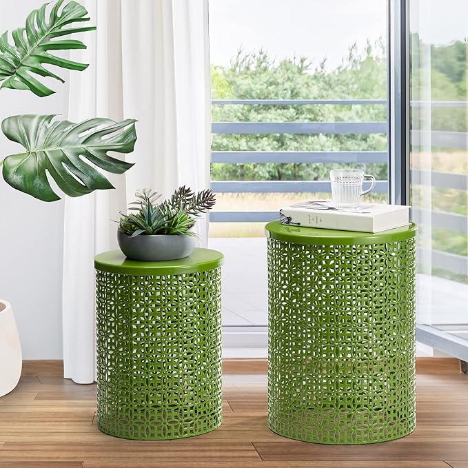 Glitzhome Outdoor Side Table Set of 2, Decorative Garden Stool for Patio Heavy Duty Metal Frame Accent Table Modern End Table, Glossy Green