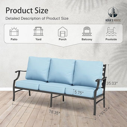 HERA'S HOUSE Patio Furniture Sofa, All-Weather Outdoor 3 Seats Couch, Outdoor Patio Couch with Deep Seating and Olefin Cushions for Lawn Garden Backyard, Blue