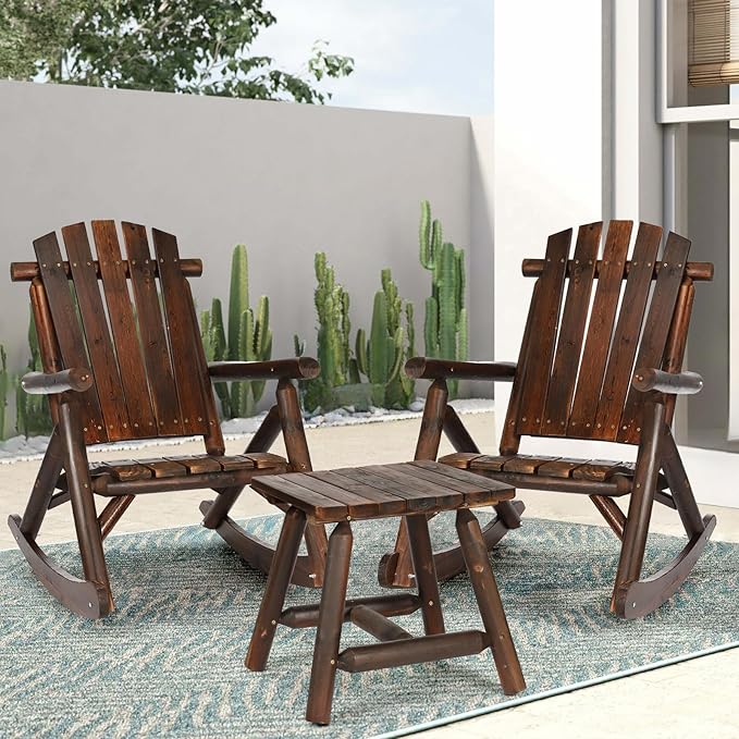 HOMEDIARY 3-Piece Outdoor Wood Rocking Bistro Set, Adirondack Rocker Chair Set with 2 Rockers and A Coffee Table, Patio Wooden Conversation Set for Garden, High Fanned Back & Slatted Seat, Carbonized
