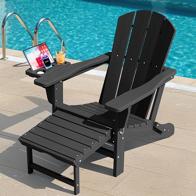 KINGYES Folding Adirondack Chair, Adjustable Backrest with Pull-Out Footrest & 4-in-1 Mobile Phone, Tablet, Cup Holder