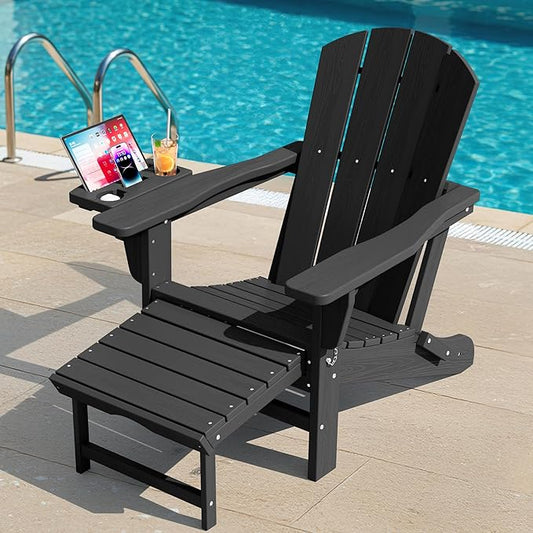 KINGYES Folding Adirondack Chair, Adjustable Backrest with Pull-Out Footrest & 4-in-1 Mobile Phone, Tablet, Cup Holder