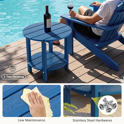 2 Tier Round Outdoor Side Table with Wood-Like Grain, HDPE Adirondack Table Patio Side Table, Weather Resistant End Table for Pool, Patio & Porch, Small Outdoor Table (Navy Blue, Round)