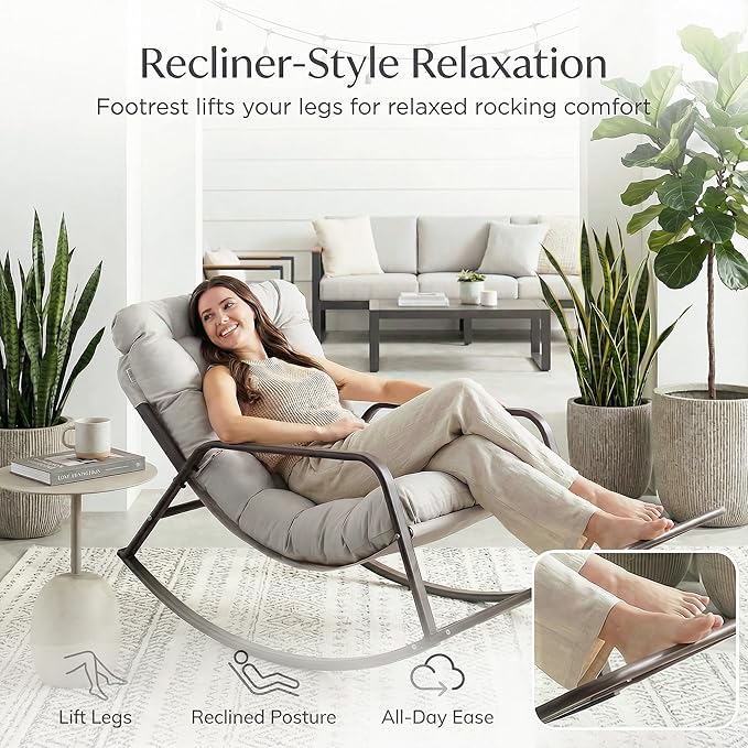 NICESOUL Set of 2 Papasan Rocking Chair with Footrest, Outdoor Rocking Chair with Cushion, Oversized Patio Rocker, Modern Lounge Comfort, Heavy Duty Steel Frame, Indoor Porch, Grey