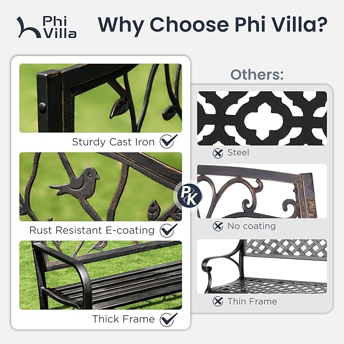 PHI VILLA Outdoor Garden Park Bench Patio 50" Metal Bench, Steel Frame Bench with Backrest and Armrests for Porch, Lawn - Photo 7