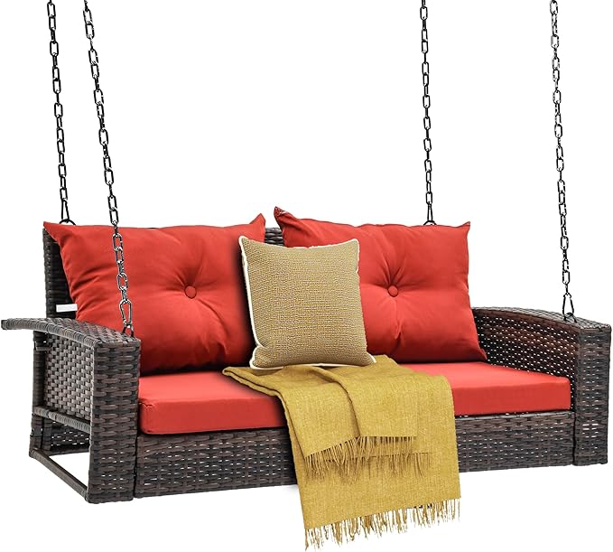 DWVO Hanging Porch Swing Chair Outdoor Wicker Rattan Patio Swing Lounge 2 Seats Cushions Capacity 530lbs for Balcony - Photo 2