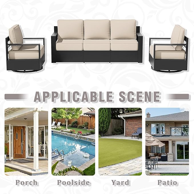 Outdoor Aluminum Furniture Set, 3-Piece Patio Conversation Set, 2 Swivel Chairs and 1 Sofa, All-Weather Metal Frame - Photo 9