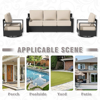 Outdoor Aluminum Furniture Set, 3-Piece Patio Conversation Set, 2 Swivel Chairs and 1 Sofa, All-Weather Metal Frame, 6" Thick Removable Cushions, Deep Setting for Garden, Poolside and Porch