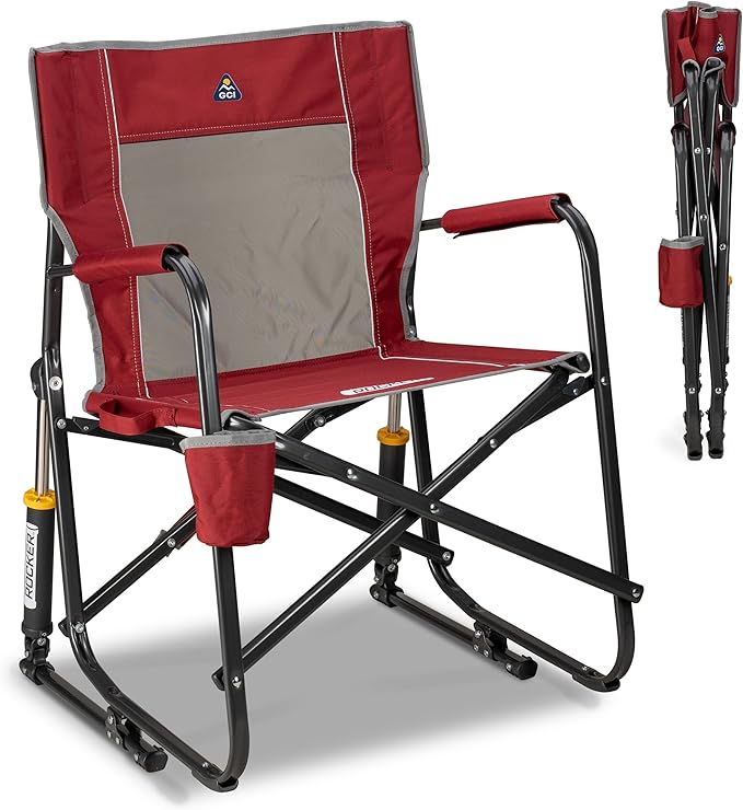 GCI Outdoor Freestyle Rocker Camping Chair | Portable Folding Rocking Chair with Solid, Durable Armrests, Drink Holder & Comfortable Backrest — Cinnamon