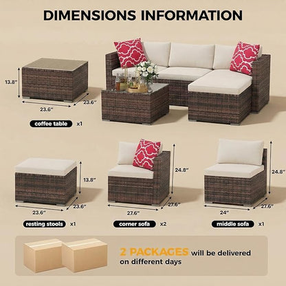 5-Piece Patio Sectional Sofa Set, All-Weather Brown PE Rattan Outdoor Conversation Furniture with Neutral-Tone Cushions, Glass Coffee Table & Footstool, Modular Design for Garden, Porch, Balcony, Pool