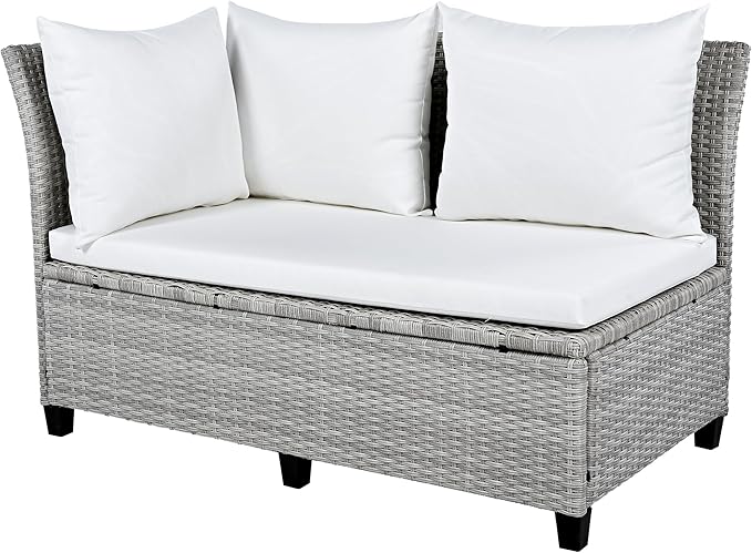 Merax Patio Furniture Sets Outdoor, All Weather Sectional PE Rattan Sofa with 2 Extendable Side Tables, Dining Table and Bench, White