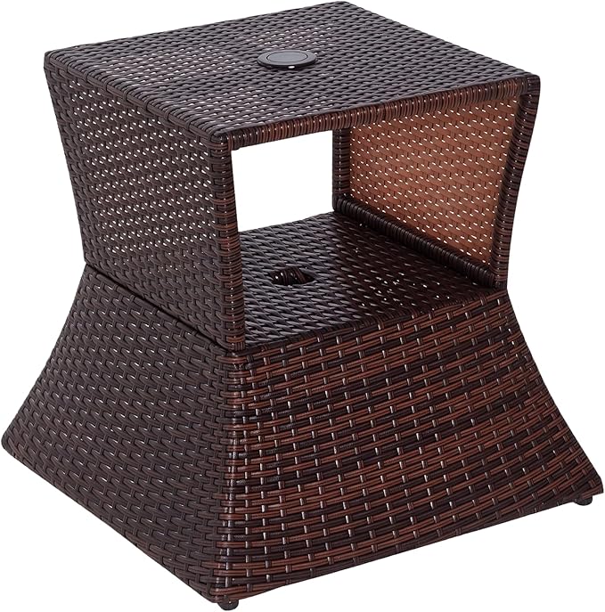 Outsunny Outdoor Side Table with Umbrella Hole, 2 Tier Rattan Wicker End Table with Storage Shelf, All Weather for Outdoor, Patio, Garden, Backyard, Mixed Brown