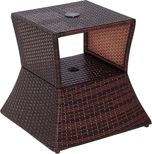 Outsunny Outdoor Side Table with Umbrella Hole, 2 Tier Rattan Wicker End Table with Storage Shelf, All Weather for Outdoor, Patio, Garden, Backyard, Mixed Brown