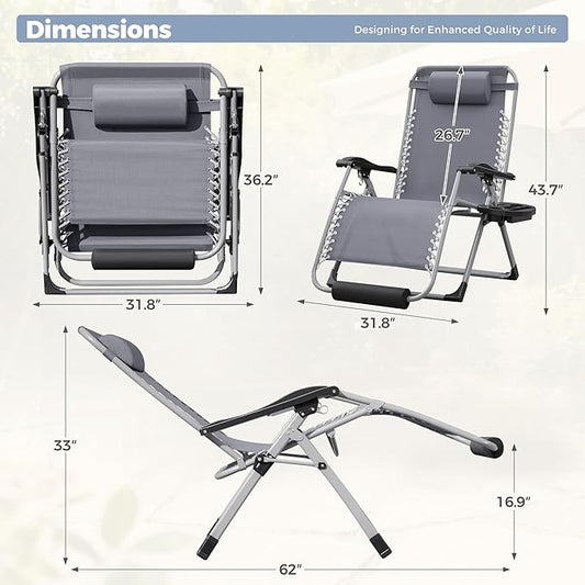 Homall Oversized Zero Gravity Chair, 32In Recliner Lounge Chair with Removable Soft Cushion and Cup Holder, Adjustable Anti Gravity Chair Folding Patio Chairs Padded for Indoor and Outdoor, Grey
