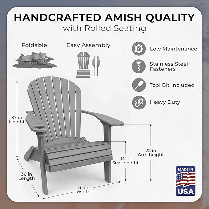 Ecommersify Folding Adirondack Chair with Cup Holder - (Dark Gray) - Heavy Duty Recycled Poly Lumber Folding Chair - Amish Crafted Outdoor Furniture - Made in USA
