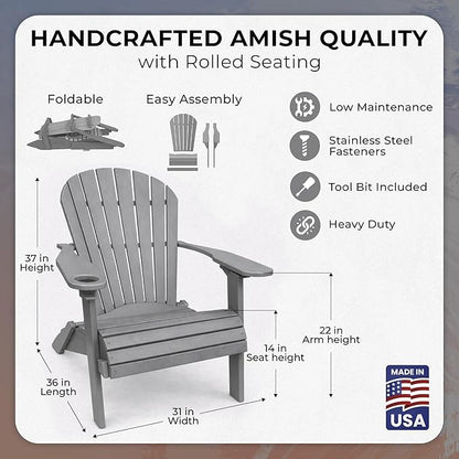 Ecommersify Folding Adirondack Chair with Cup Holder - (Dark Gray) - Heavy Duty Recycled Poly Lumber Folding Chair - Amish Crafted Outdoor Furniture - Made in USA