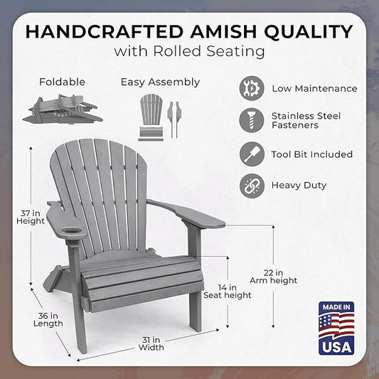 Ecommersify Folding Adirondack Chair with Cup Holder - (Dark Gray) - Heavy Duty Recycled Poly Lumber Folding Chair - Amish Crafted Outdoor Furniture - Made in USA