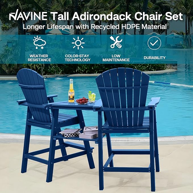 Tall Adirondack Chairs Set of 2, HDPE Balcony Chair with Double Connecting Tray, Weather Resistant Outdoor Adirondack Bar Stools for Patio, Deck, Patio, Backyard, Balcony.(Navy Blue)