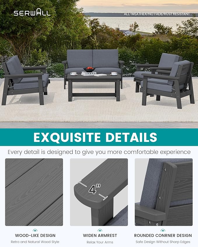 SERWALL HDPE Patio Furniture Set, 5 Piece All Weather Wood-Like Sectional Outdoor Furniture Set - Photo 4