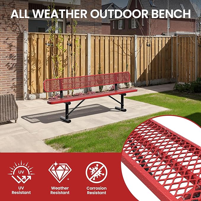 8 Feet Steel Park Bench for Outside, Outdoor Bench with Backrest & Portable Frame, Commercial Benches for Shopping Malls, Stores, Parks, Patios, Decks, Red