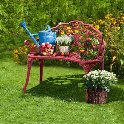 38.5in Outdoor Cast Aluminum Porch Benches,Weatherproof Patio Park Bench,Outside Leisure Bench,Outdoor Garden Park Bench,with Back and Armrests,for Lawn, Deck, Path, Backyard, Entryway (Red)