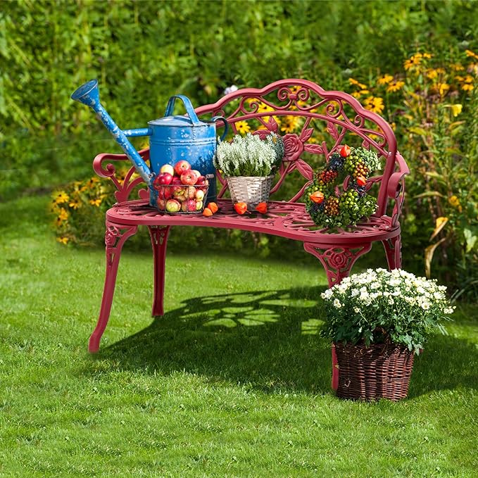 Outvita Outdoor Cast Aluminium Bench - Anti-Rust Weather Resistant Patio Bench, Rose Pattern, 39" H x 59" L x 22" D