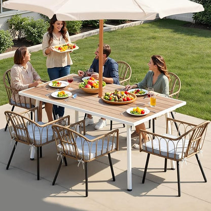 YITAHOME Patio Table Rectangle 59" for 6 Outdoor Table with Umbrella Hole & Adjustable Feet All-Weather Outdoor Patio Table with Metal Frame Patio Dining Table for Garden Backyard