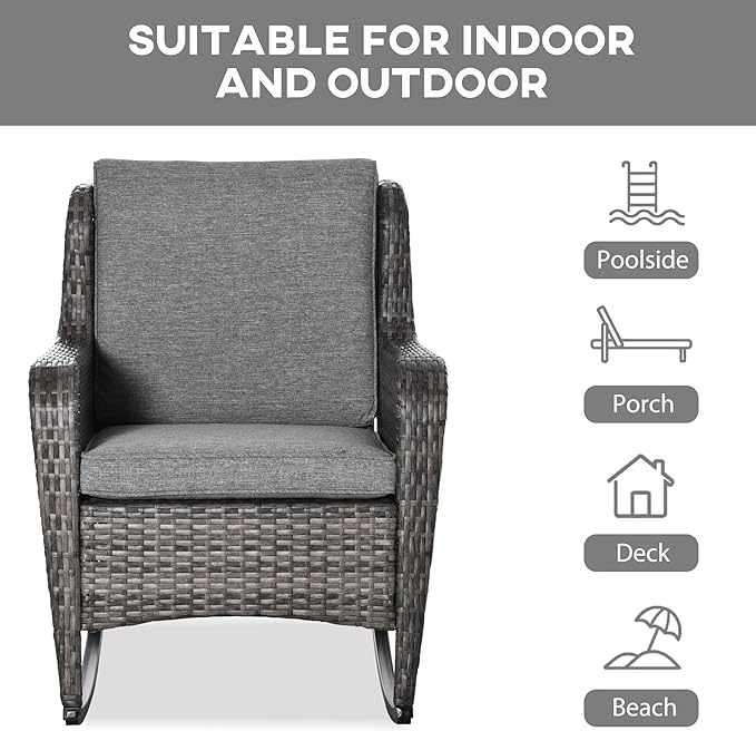 Outsunny Outdoor Wicker Rocking Chair with Wide Seat, Thick Cushions, Rattan Rocker with Steel Frame, High Weight Capacity for Patio, Garden, Backyard, Dark Gray