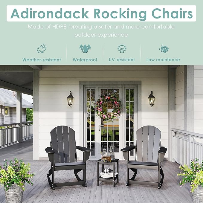 IVY&LANE Adirondack Rocking Chair | Porch-Rocker | HDPE Plastic | Weatherproof | Black | for Outdoor Patio Deck Backyard