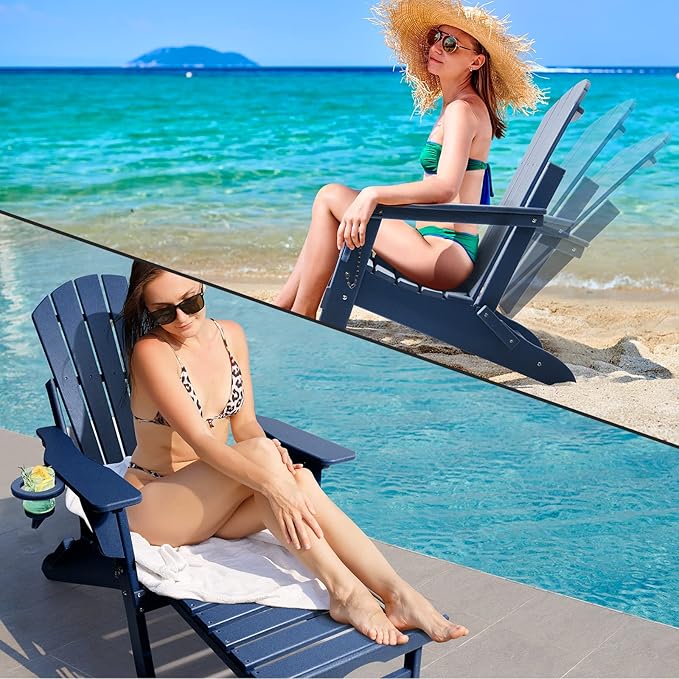 FUNBERRY Adjustable Folding Adirondack Chairs Set of 2 with Retractable Ottoman, All Weather Fire Pit Chairs with Cup Holder
