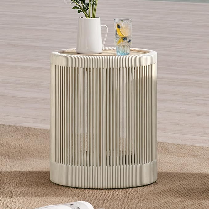 CHITA Outdoor Boho Wicker Side Table with Adjustable Foot Leveler and Acacia Wood Top, 16 Inch Patio Rattan End Table - Photo 1