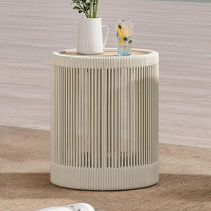 CHITA Outdoor Boho Wicker Side Table with Adjustable Foot Leveler and Acacia Wood Top,16 Inch Patio Rattan End Table, Fully Assembled(Cream)