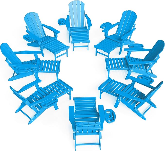 FOOWIN Folding Adjustable Adirondack Chair with Retractable Ottoman Set of 8, HDPE Adirondack Chair w/4 in 1 Cup Holder Trays,All-Weather Resistant Fire Pit Chair for Outdoor Patio Lawn, Pacific Blue