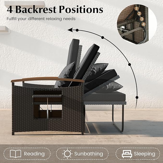 LDAILY Moccha Outdoor Wicker Daybed, Patio Rattan Loveseat Sofa w/ 4-Level Adjustable Backrest, Folding Panels, Storage Ottoman & Cushions, Lounge Furniture Set for Poolside Backyard Porch (Black)