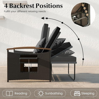 LDAILY Moccha Outdoor Wicker Daybed, Patio Rattan Loveseat Sofa w/ 4-Level Adjustable Backrest, Folding Panels, Storage Ottoman & Cushions, Lounge Furniture Set for Poolside Backyard Porch (Black)