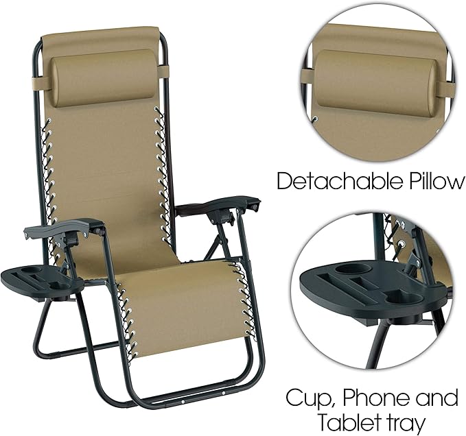 Lavish Home Zero Gravity Chairs - Set of 2 Outdoor Chairs with Side Tables with 2 Cupholders, Phone, and Tablet Holder and Chair Pillow (Beige)