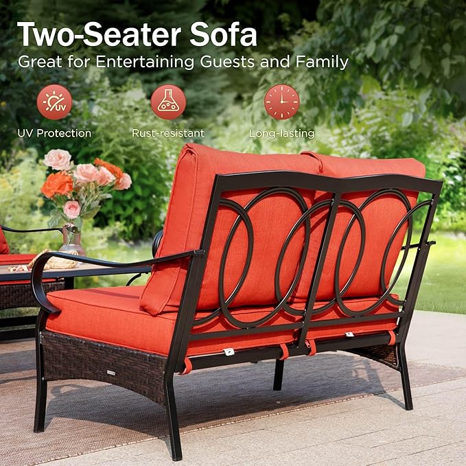 PHI VILLA Wicker & Metal Outdoor 2-Seat Patio Couch, Patio Sofa Loveseat with Deep Seating for Front Porch, Deck - Photo 3