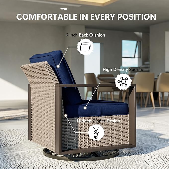 3 Piece Patio Chair Set, Outdoor Swivel Rocker Patio Chairs and Side Table, Metal Patio Furniture with Deep Seating - Photo 4
