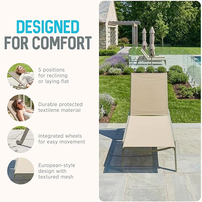 Ostrich Princeton Chaise Lounge Reading Tanning Lawn Chair, Outdoor Furniture for Pool, Beach, Patio, Backyard, and Deck, Tan/Taupe, 2 Pack