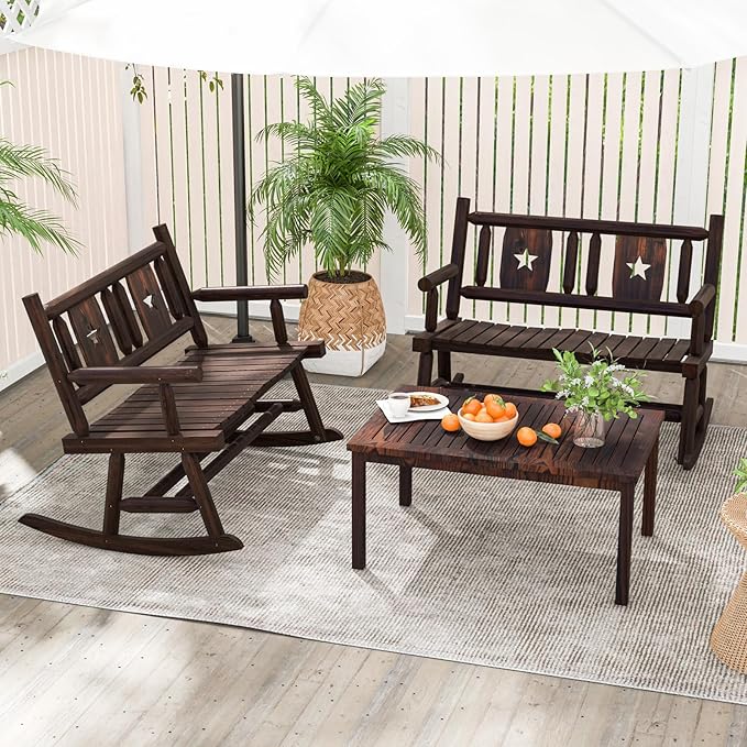 HAPPYGRILL Outdoor Wood Rocking Bench Carbonized Double Rocking Chair for 2 Persons with Wide Curved Seat, Porch Rocker for Porch, Garden, Backyard, 710LBS Capacity