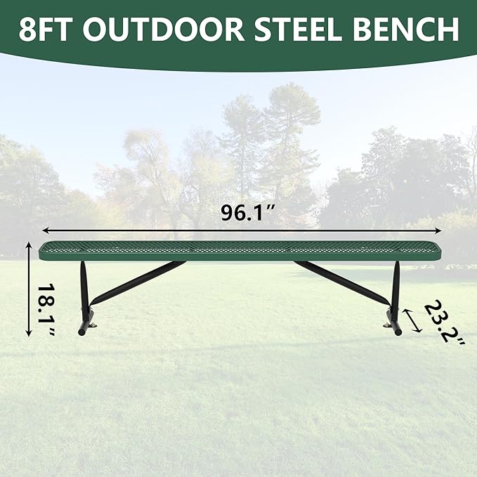 8FT Outdoor Bench, Metal Park Bench for Sitting Area Convert a Bench Heavy-Duty School Benches Commercial Rectangular Bench for Patio Porch Backyard Sports Church Locker Room Shopping Centers