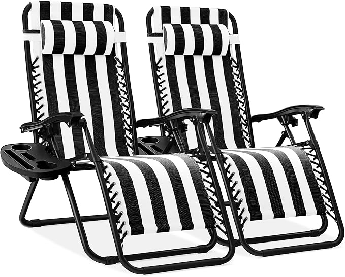Best Choice Products Set of 2 Adjustable Steel Mesh Zero Gravity Lounge Chair Recliners w/Pillows and Cup Holder Trays - Photo 1